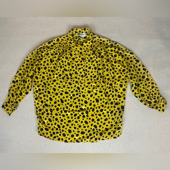 VINTAGE The Very Thing! 80s 90s Yellow & Black Polkadot Silk Blouse - Picture 3 of 11
